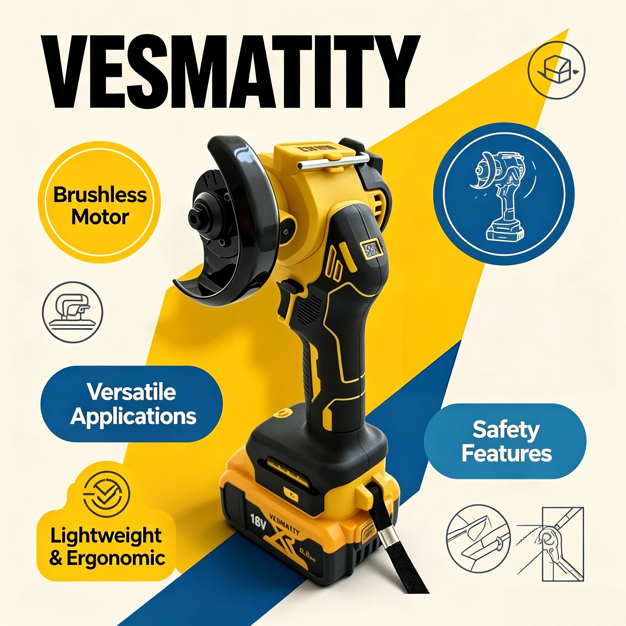 VESMATITY Digital Display Cordless Angle Grinder Polishing Cutting Grinding Machine for Dewalt Battery Pro Unit System Use