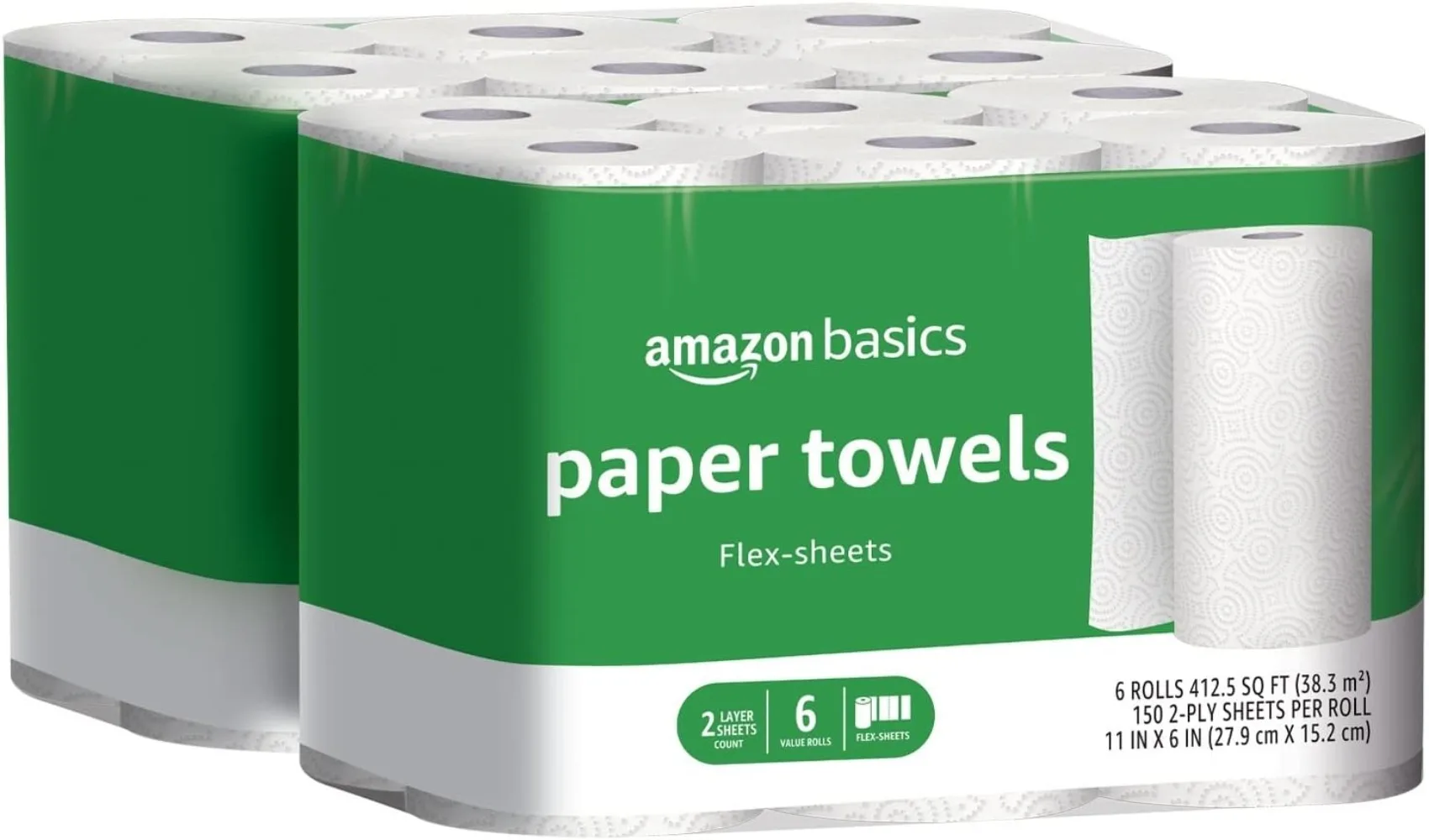 

2-Ply Flex-Sheets Paper Towels, 2/6/12 Basics Rolls = 6/20/32 Regular Rolls, Everyday Value with 150 Sheets per Roll