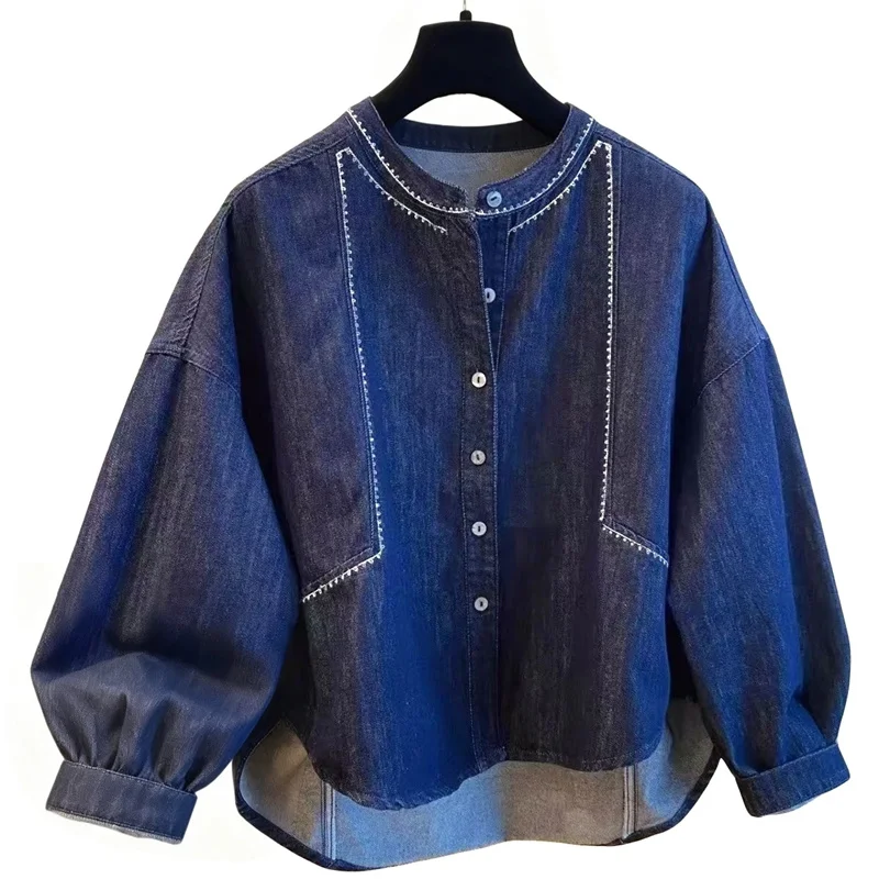 

Advanced O-neck Denim Shirt Jacket For Women Spring Autumn 2026 New Korean Loose Casual Thin Jeans Coat Large Size Denim Blouse