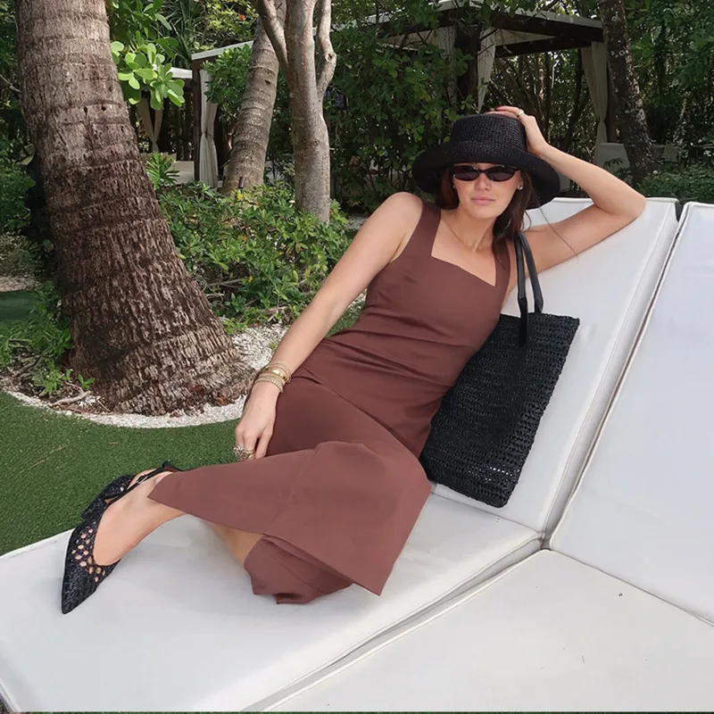 Vestido regata de linho respirável, gola quadrada, verão, casual, cor lisa, alça larga, moda feminina, sem costura, longo, maxi, novo