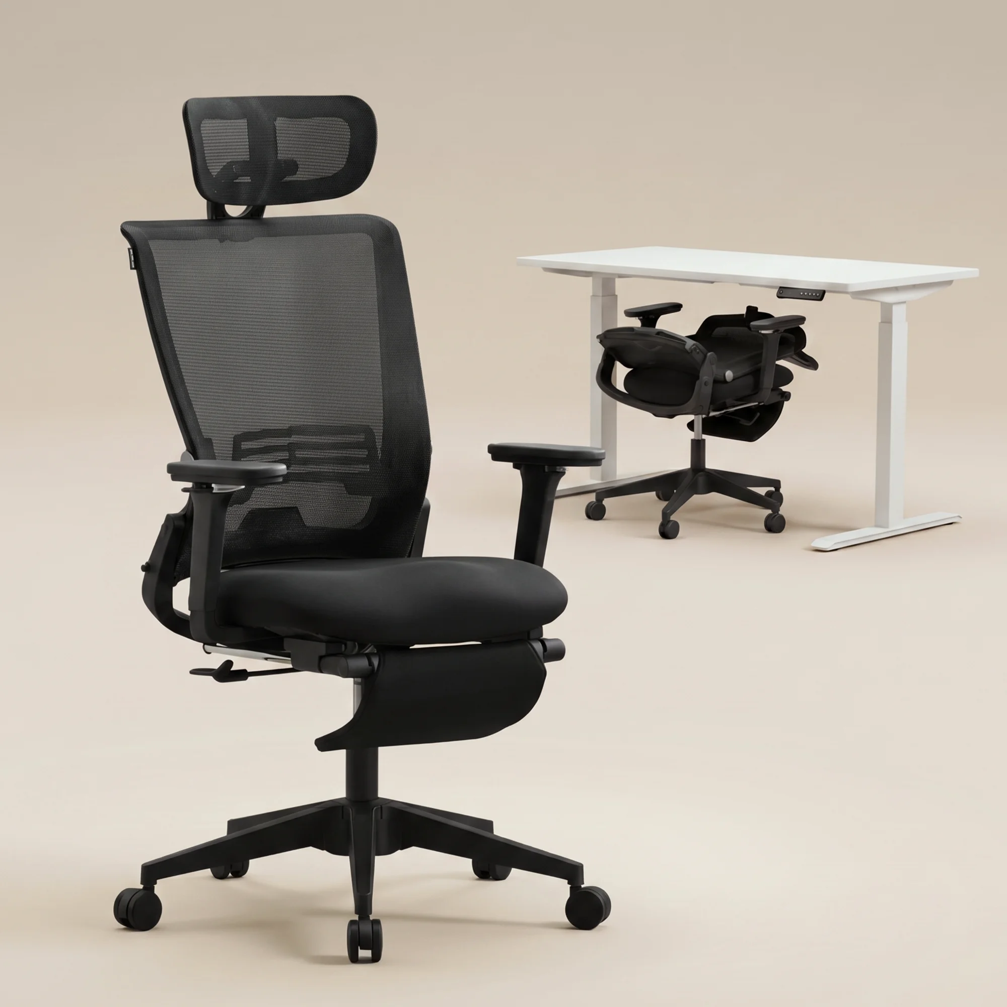 Chaise de bureau ergonomique pliable WELAX S4 avec accoudoirs 4D, chaise en maille à dossier haut avec roulettes et repose-pieds, chaise de bureau pour petits espaces, pour le télétravail