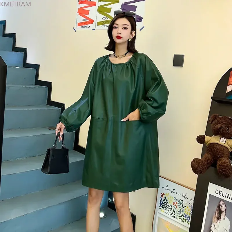 Genuine Leather Dresses for Women 2024 Spring Autumn Elegant Pure Sheepskin Black Dress O-neck Long Puff Sleeve robe femmes SGG