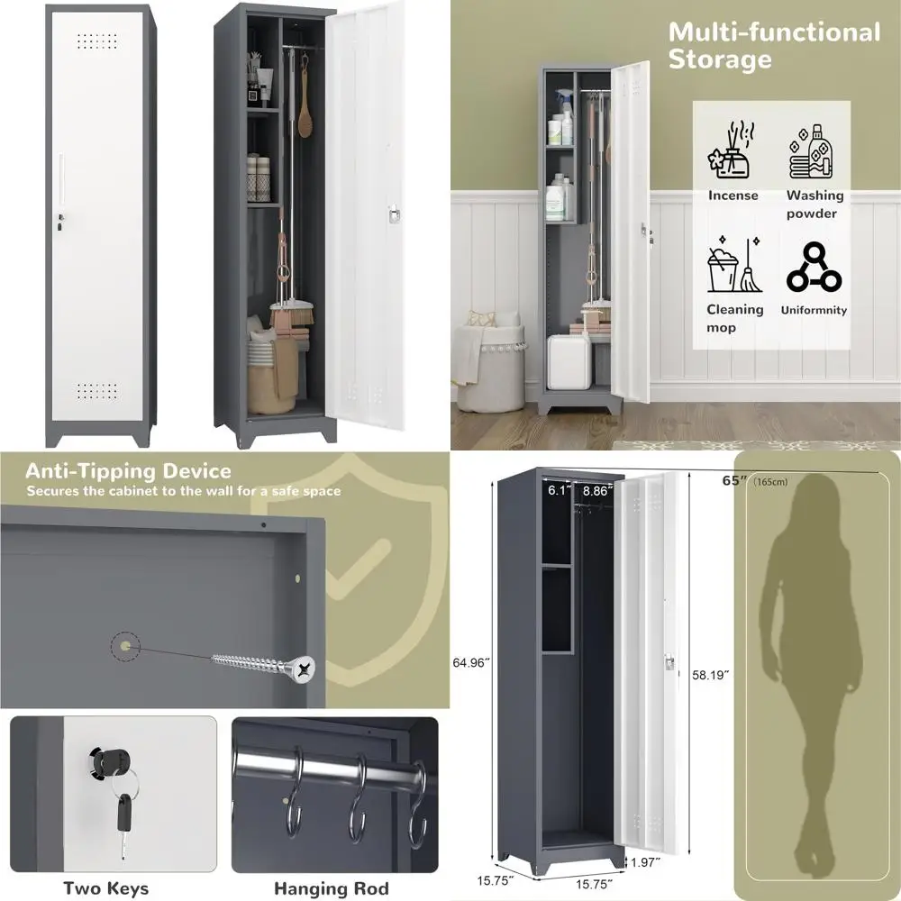 

Grey-White Steel Lockable Storage Cabinet for Garage, Broom Closet, Utility, Laundry, and Gym Use