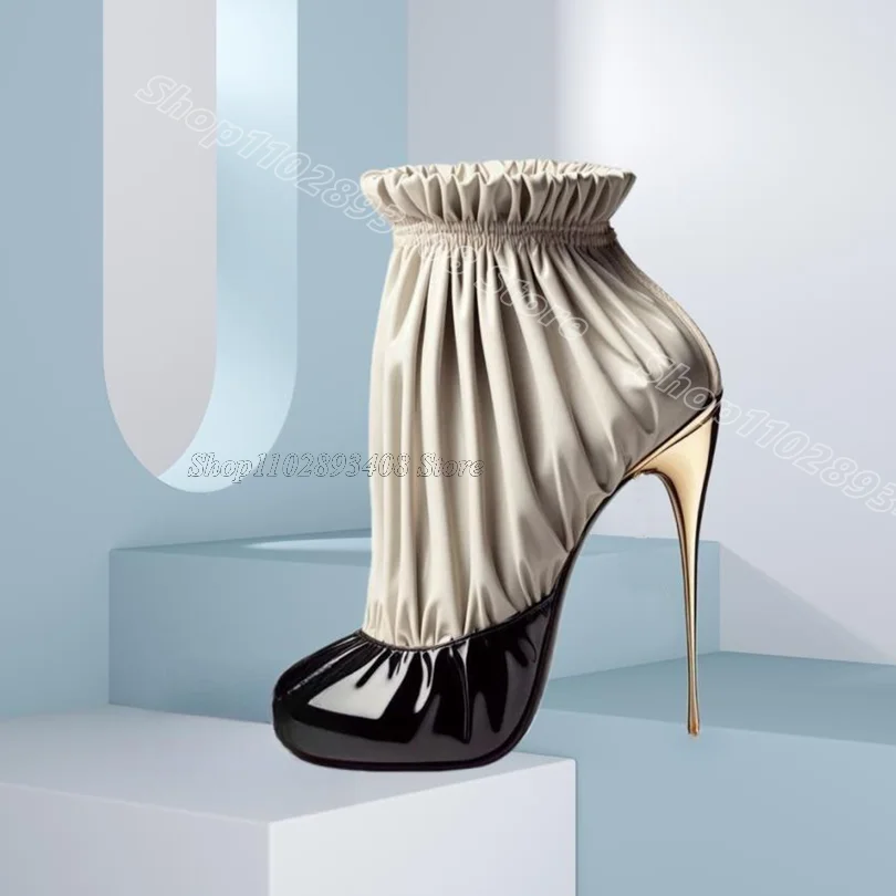 

Bicolor Elastic Pleated Ankle Boots Stiletto Heels British Style Design Women Casual Party Dress Boots 2025 Zapatos Para Mujere