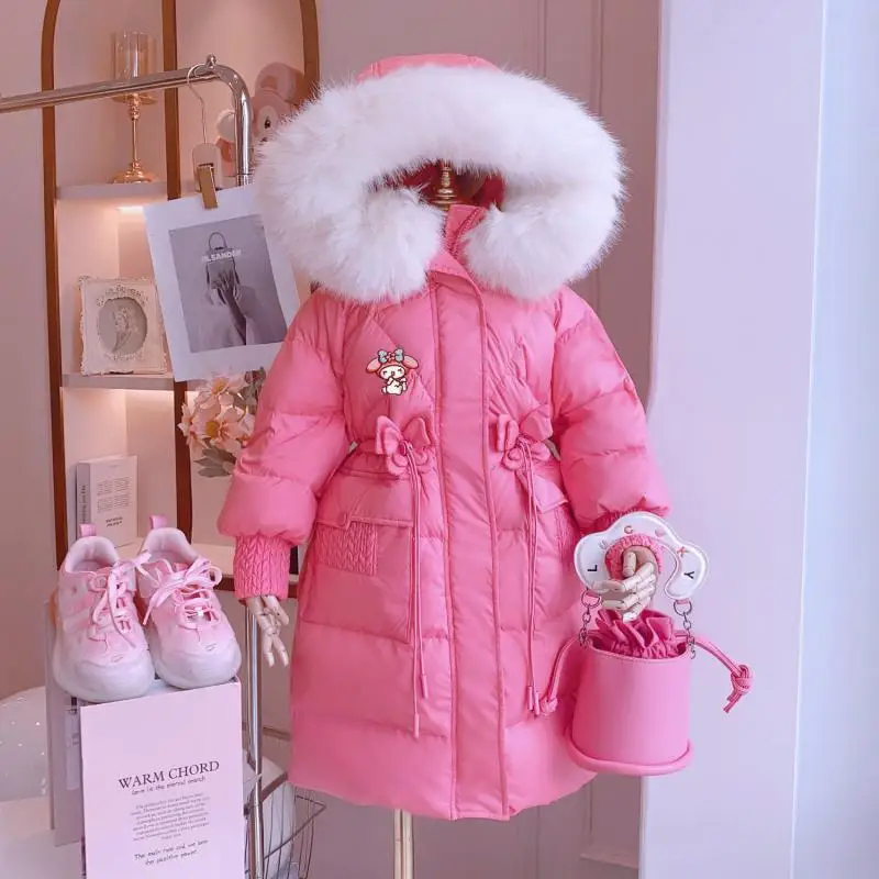 My Melody Girls Down Jacket Kawaii Hello Kittys Fur Hooded Cotton Padded Jacket Warm Long Ultra Thick Parkas Kids Winter Clothes