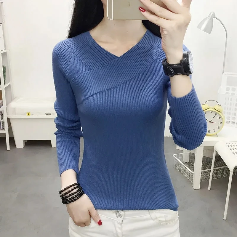 Women Sweater Long Sleeve Top Knitted Pullover V-Neck Fashion Sweater Woman Winter 2024 Basic Female Clothing Soild Sweaters