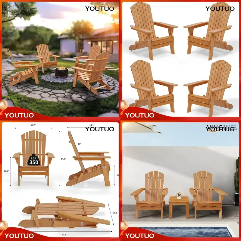 Folding Adirondack Chairs Set of 4 Foldable Fire Pit Chairs   Patio BBQ Porch Yard Pool