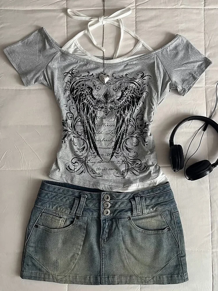 

Gothic Rose Original Retro American Design ey T-irt Fake Two-Piece Waist-Cinching Slimming ort-Sve Casual Sle Wome...