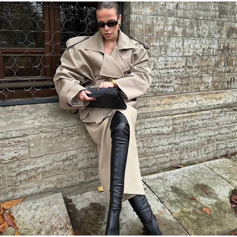 Elegant Lace Up Solid Overcoat Women Chiclapel Collar Button Full Sleeve Loose Coat Autumn Female Street New Oversize Outerwear 22 S609e2c58ac4042b39538d36afc1da01de