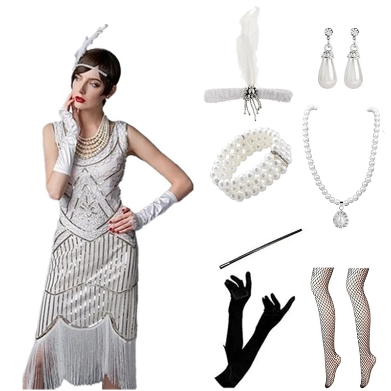 Retro 20s Dress Cocktail Dress Accesories Set Women's Tassel Costume Party Evening Party Evening Short Sleeve Short Length Dress