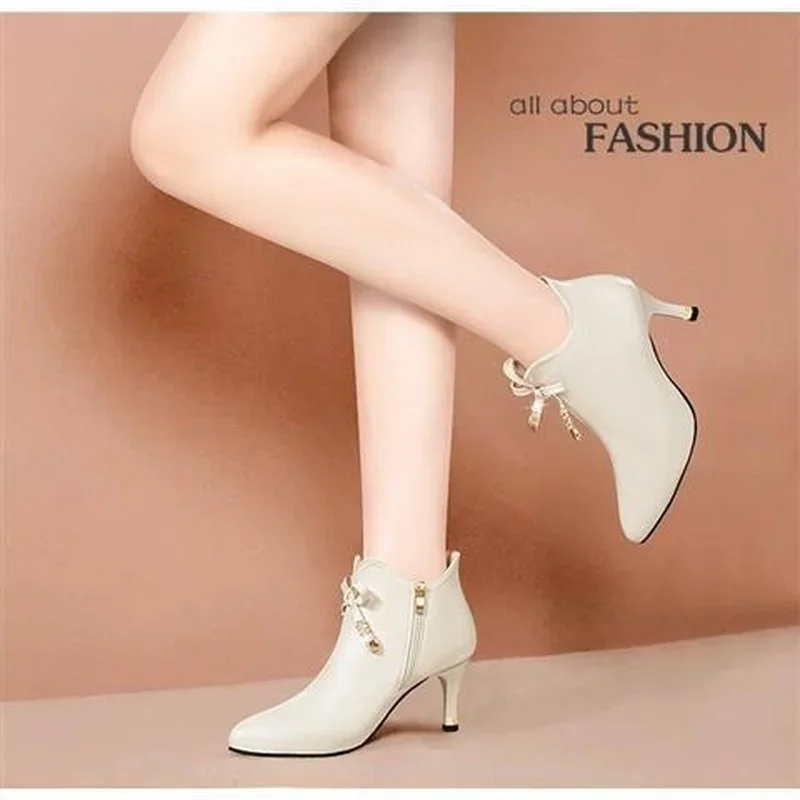 Kobiety Sexy Pointed Toe High Heels Ankle Boots Autumn Winter Warm Short Plush Booties Woman Bowtie Zipper Botas Zapato De Tacón