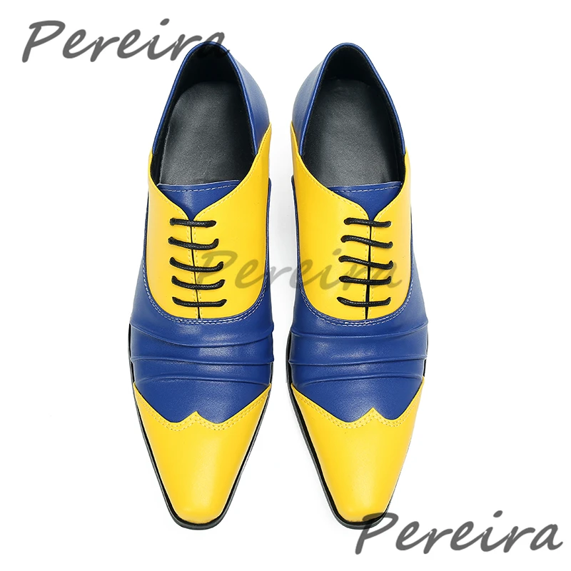 

Trendy Mixed Colors Pointed Toe Lace-Up Oxfords Men British Style Genuine Leather High Heel Loafers Party Wedding Formal Shoes