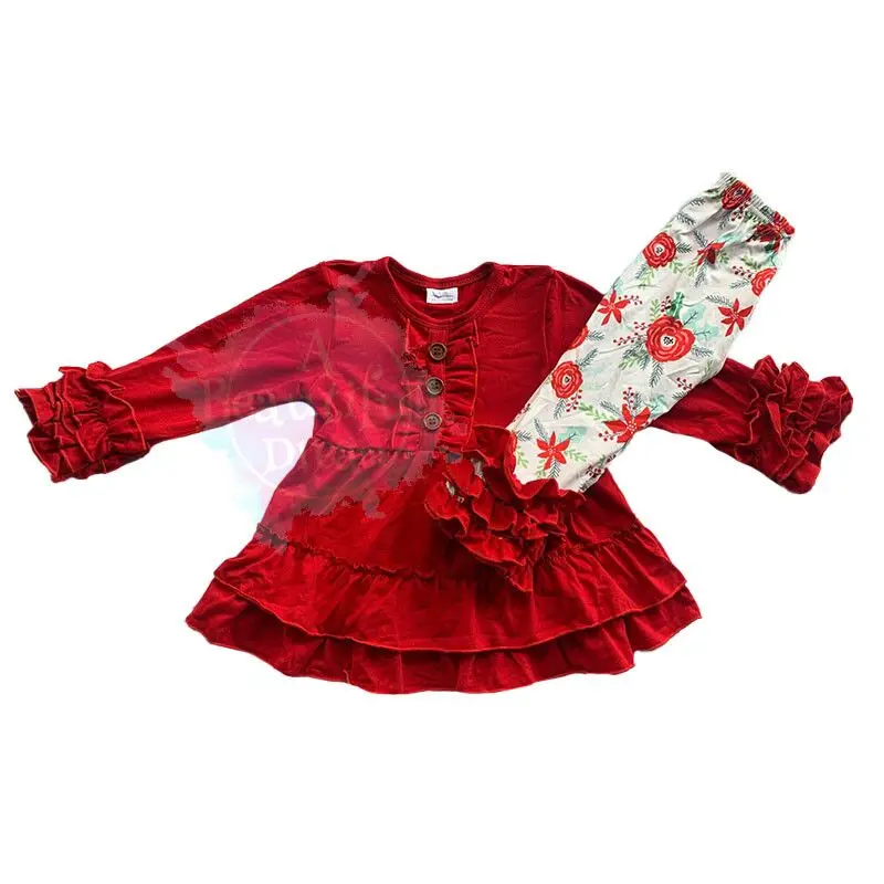 

Boutique Children Clothing Red Button Ruffles Long Sleeve Top Floral Print Girl 2 Piece Sets