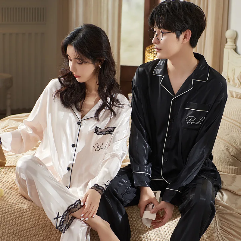 

Four Seasons Couples Pajamas Men's Long-sleeved Ice Silk Thin Section and Men's 2024 New Striped Day Homewear Suit Gentlemen