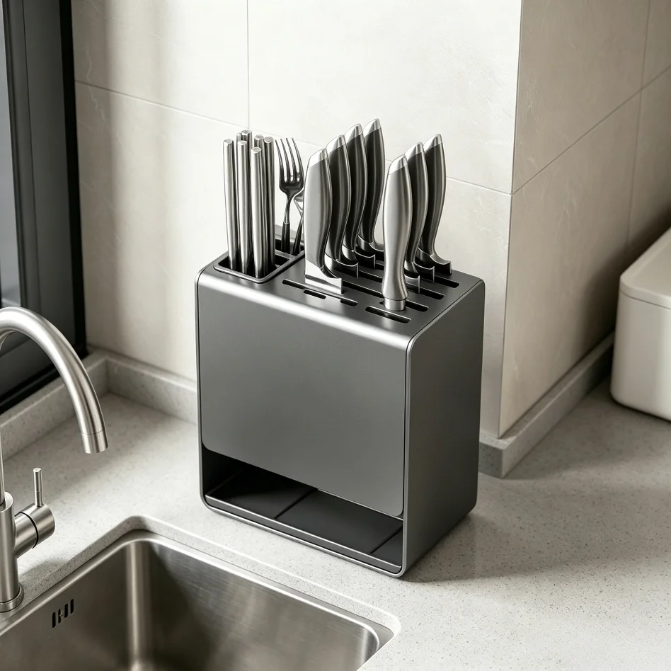 Gray Kitchen Cutlery Storage Rack Integrated Knife Chopstick Holder Dual Wall & Countertop Mount