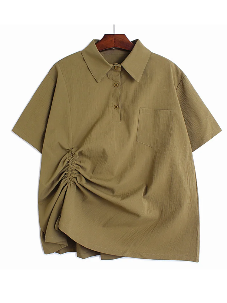 

Women Yellow Irregular Drawstring Big Size Blouse New Lapel Short Sleeve Shirt Fashion Tide Spring Summer 2022 C263