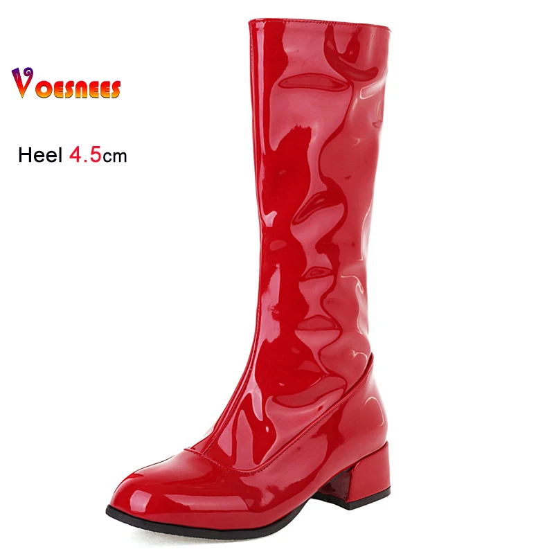 2025 Autumn Winter Red Women's Knight Boots Block Heels 4.5cm Side Zipper Soft Patent Leather Shoes Round Head Ladies Long Boots