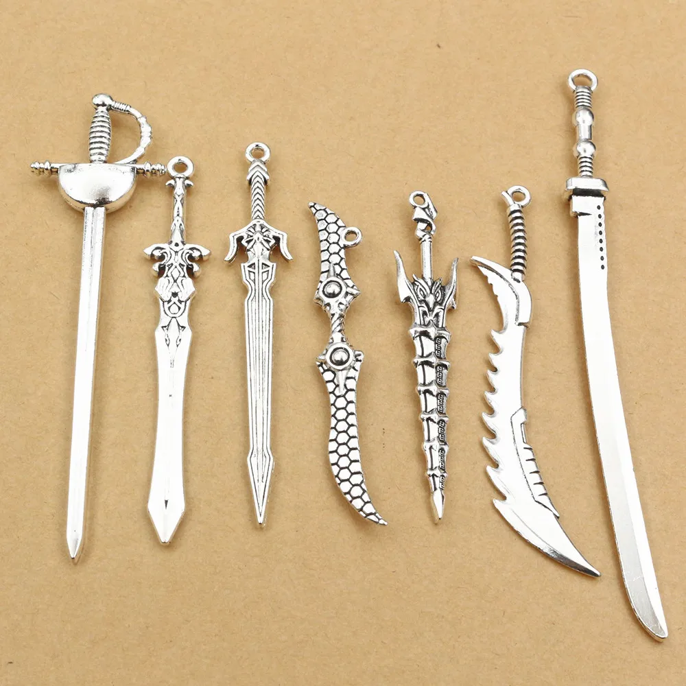 10pcs Antique Silver Plated Alloy Metal Sword Blade Charms Pedants DIY Jewelry Making Accessories Findings