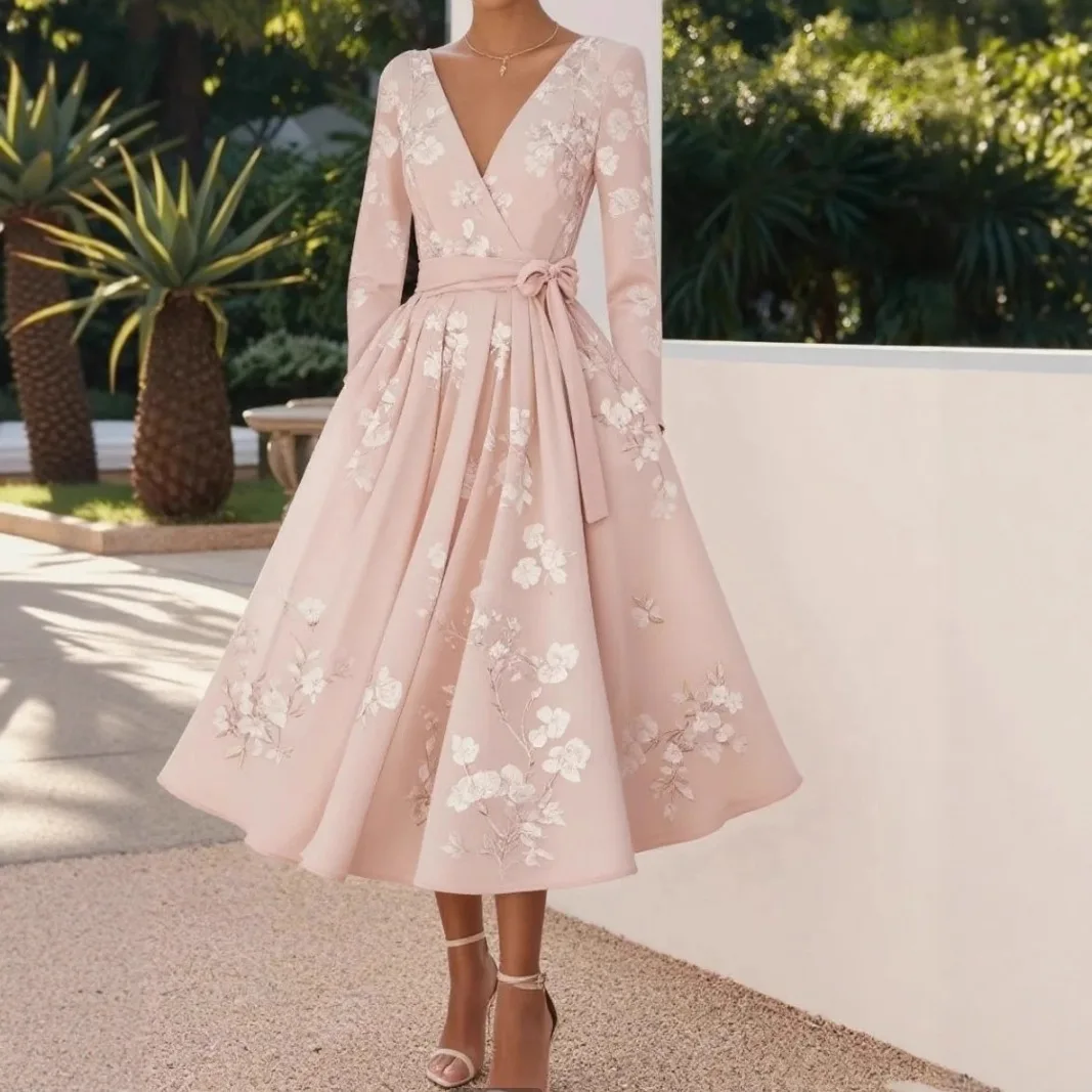 Damesjurk met print en vlinderdas Elegante banketjurk 2025, nieuwe luxe gastfeestavondjurk Chique sjerp Midi Maxi