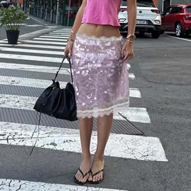 

Tuularose Fashion Sequin Skirt Sexy See Through Lace Patchwork Glitter Sequin Skirt High Waist Streetwear Party Look Women Skirt