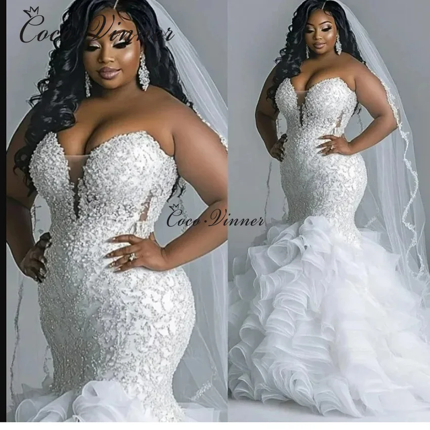 

Customized Sexy V Neck Plus Size Mermaid Wedding Dress Organza Ruffle Train Heavy Beading 2026 New Wedding Dresses Brides W1506