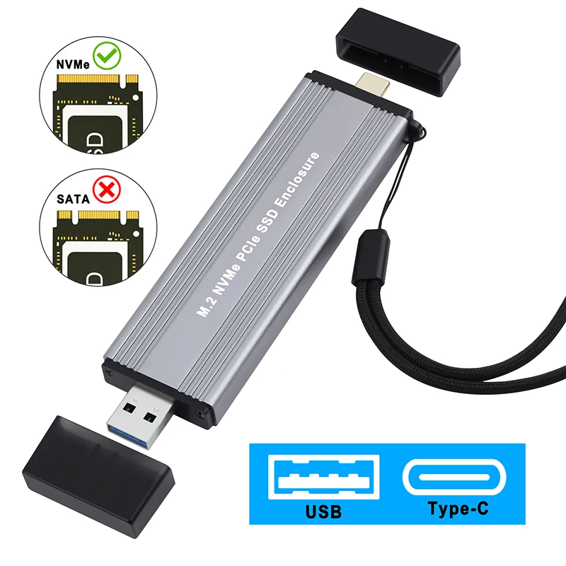 M.2 NVME SSD Case External Enclosure USB3.1 Type-A + USB 3.2 Gen 2 Type C 10G M2 M-KEY NVME to USB Adapter Box JMS583 Chip Strap