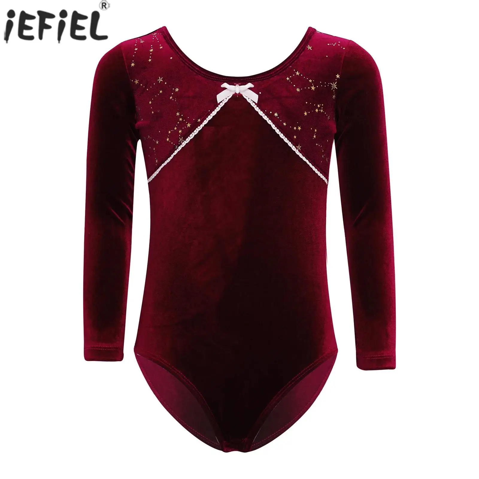 Kids Girls Velvet Ballet Leotard Long Sleeve Bowknot Lace Trim Metallic Stars Bodysuit for Figure Skating Gymnastics Practice