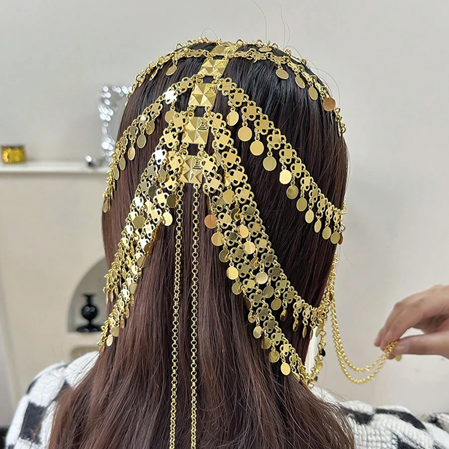 Kurdish-Ottoman Bridal Headdress: Gold Plated Coin Veil Chain with Evil Eye Fringe for Turkish Henna Night Ceremony