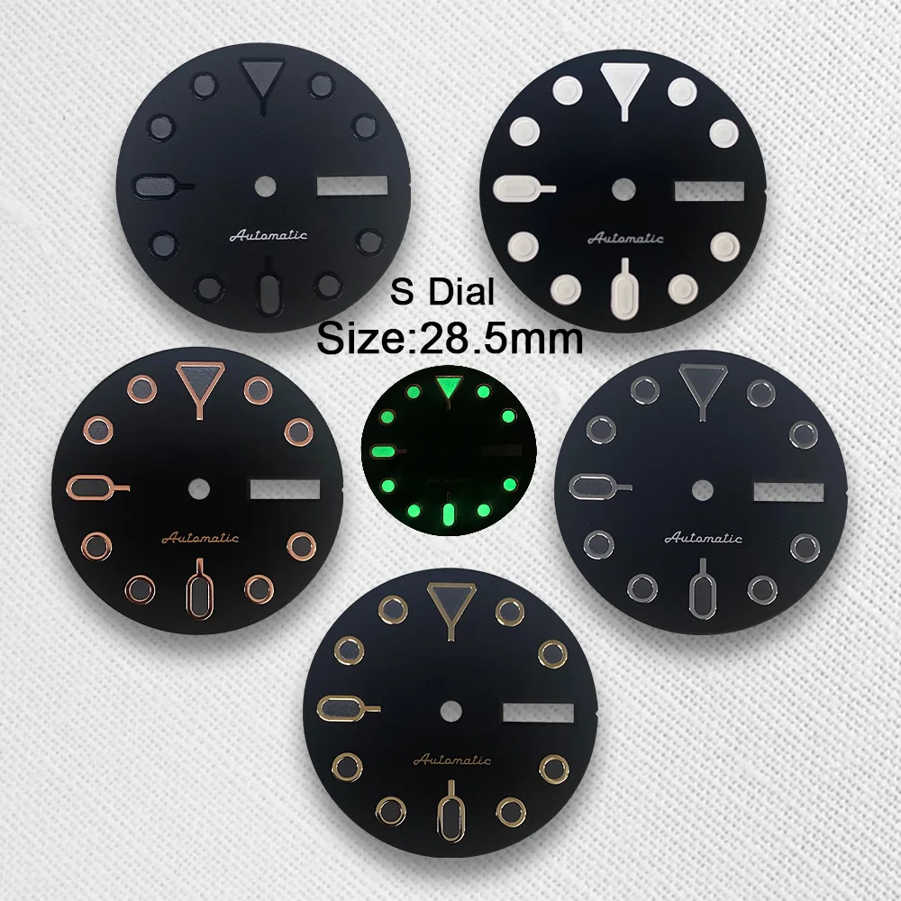 28.5mm S5 Logo SKX007 Dial Fit NH36/4R36 Movement Green Luminous Matte Black Dial Watch Modification Accessories