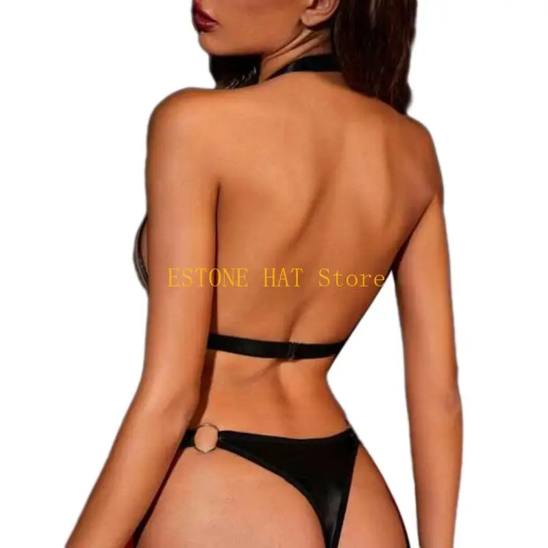 

49MF Women's Pieced Lingerie Hollow Strappy Leather Lingerie Teddies Babydoll Bodysuit Underwear