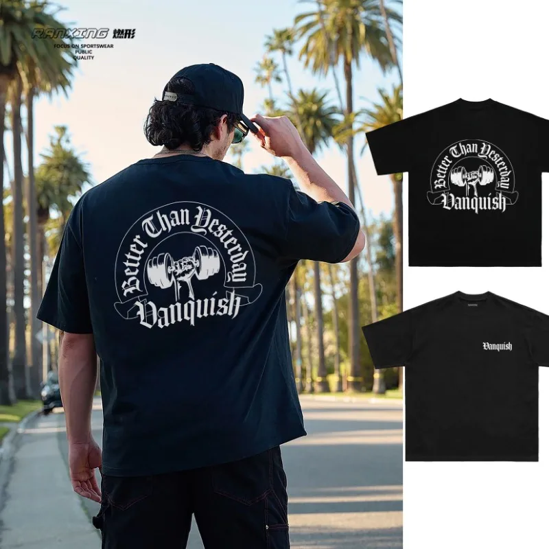 

2025 Summer Heavy Fist Attack Fitness Sports Iron Pulling Short Sleeve Cotton T-shirt Loose and Enlarged Oversizi Shoulder Drop