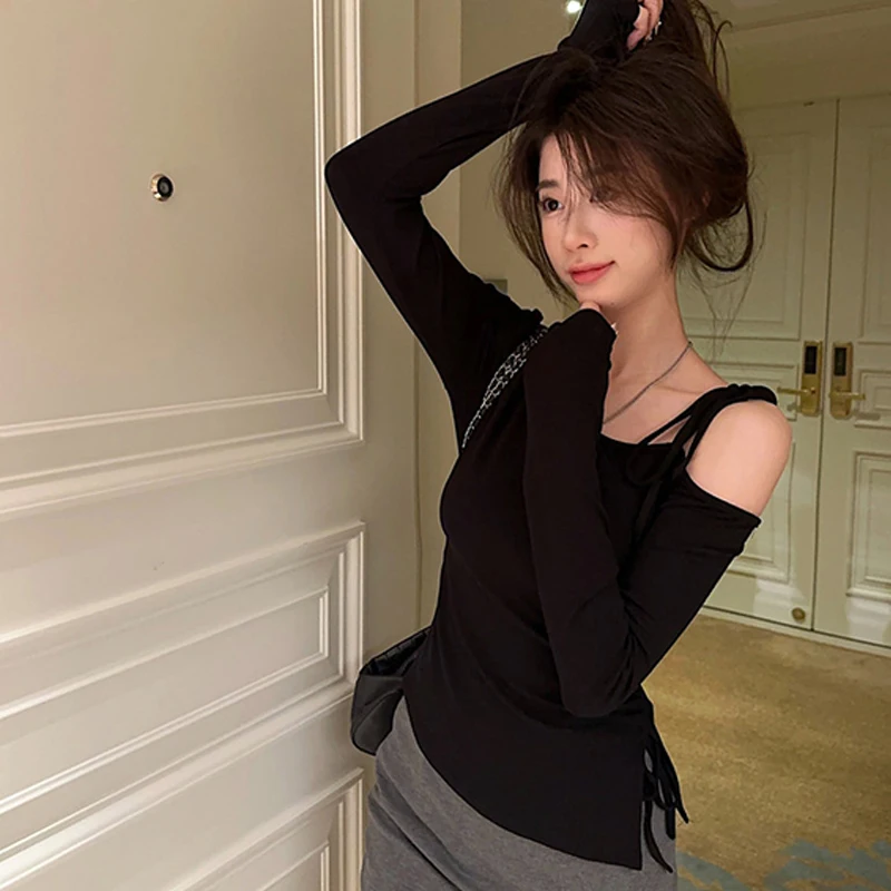 Women\'s Fashion Sexy Solid Color Off-shoulder Long Sleeve Irregular Lace-up Slits T-shirt