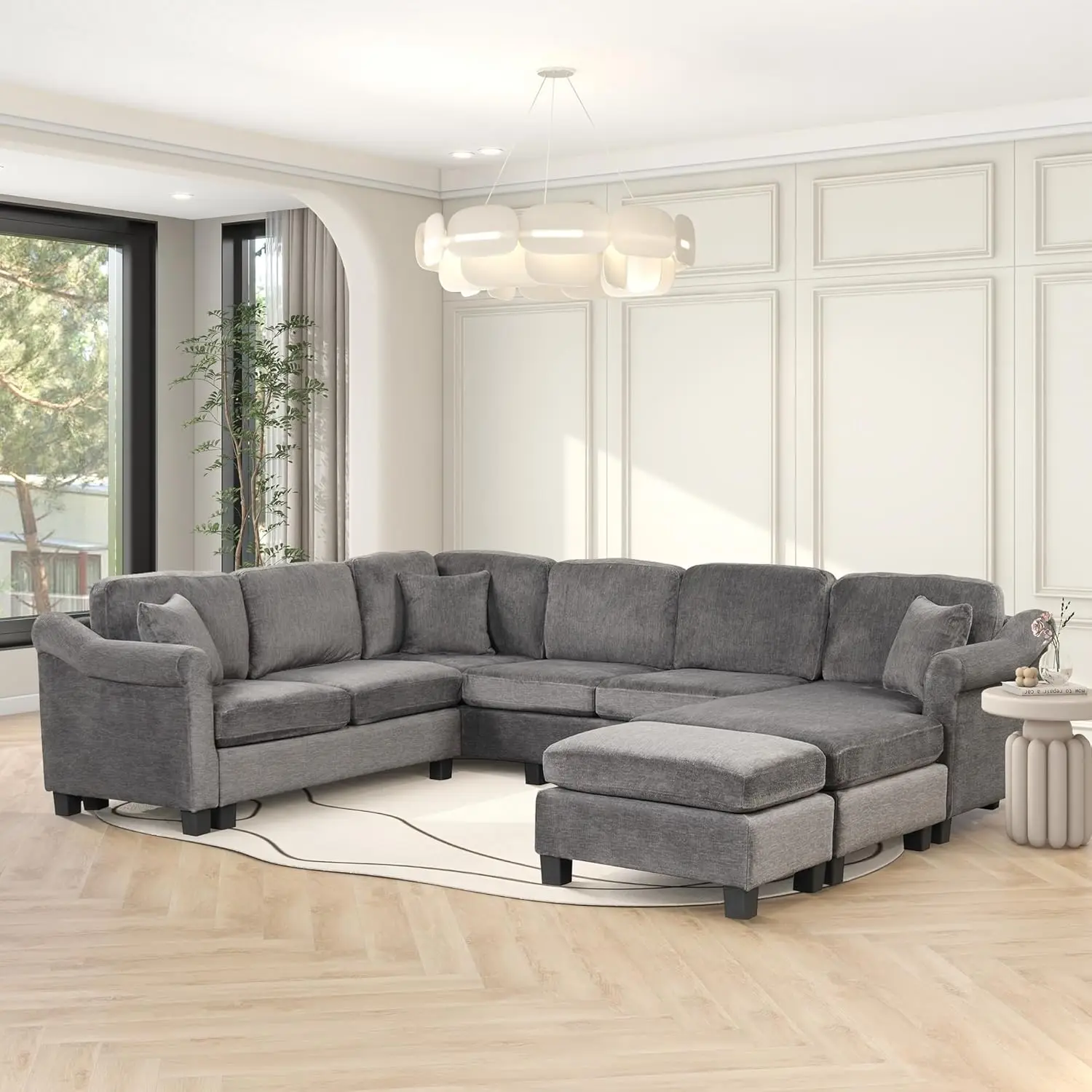 Samt-Sofagarnitur mit beweglichem Ottomane, elegantes gepolstertes Ecksofa in U-Form mit 3 Kissen