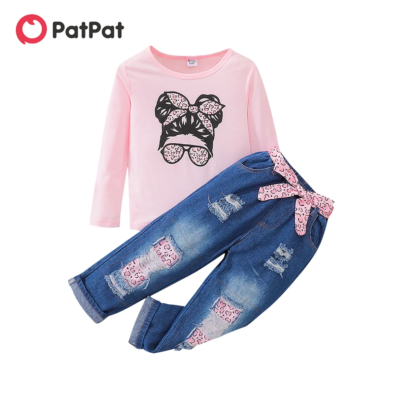 PatPat 2pcs Kid Girl Figure Print Long-sleeve Pink Tee and Belted Ripped Denim Jeans Set Comfortable  Perfect for Outings