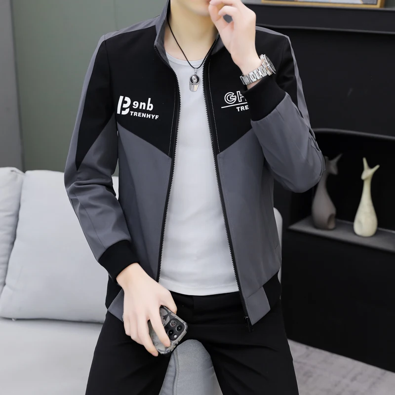 

Мужская повседневная куртка-жакет в стиле пэчворк премиум-класса, корейский стиль, весна-осень, приталенный крой, воротник-стойка, на молнии, из полиэстера