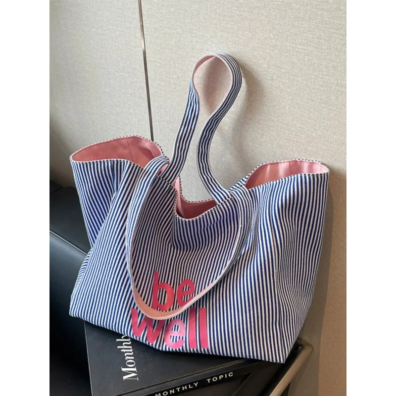 

Casual Large Stripe Women's Shoulder Bag 2025 New Fashion Commuter Tote Bag High Capaci Canvas Handbag for Youth