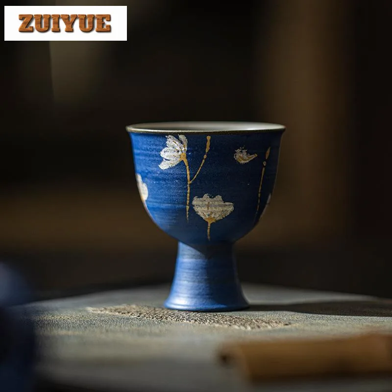 

55ml Handmade Klein Blue Powder Ceramic Tea Cup Imitation Song Dynasty High Foot Cup Hand Painted Silver Master Cup Drinkware