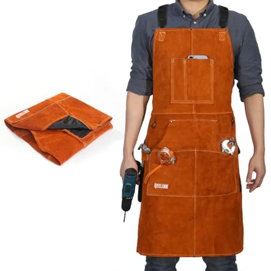 

Leather Welding Work Apron with 6 Tool Pockets Heat and Flame Resistant Welder Aprons 24" x 36" Adjustable M to XXXL