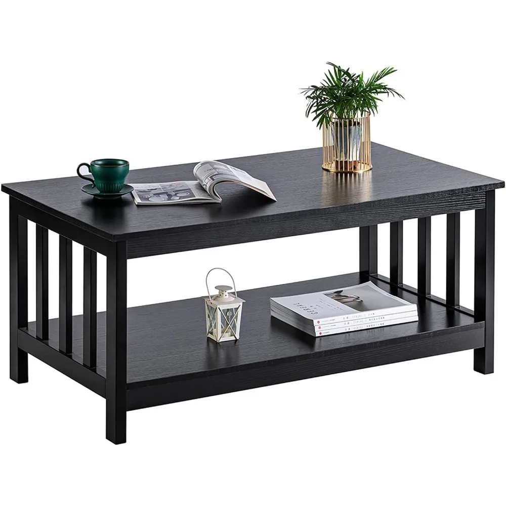 

Black rectangular coffee table, wooden living room table with shelves