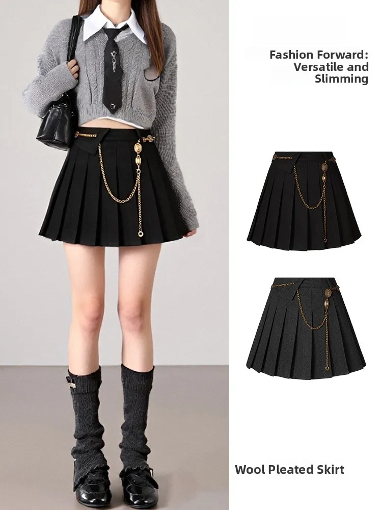 

Slimming High Waist Black Woolen Plaid Skirt Women's A-Line Short Skirt Chain Decoration Breathable Casual Style