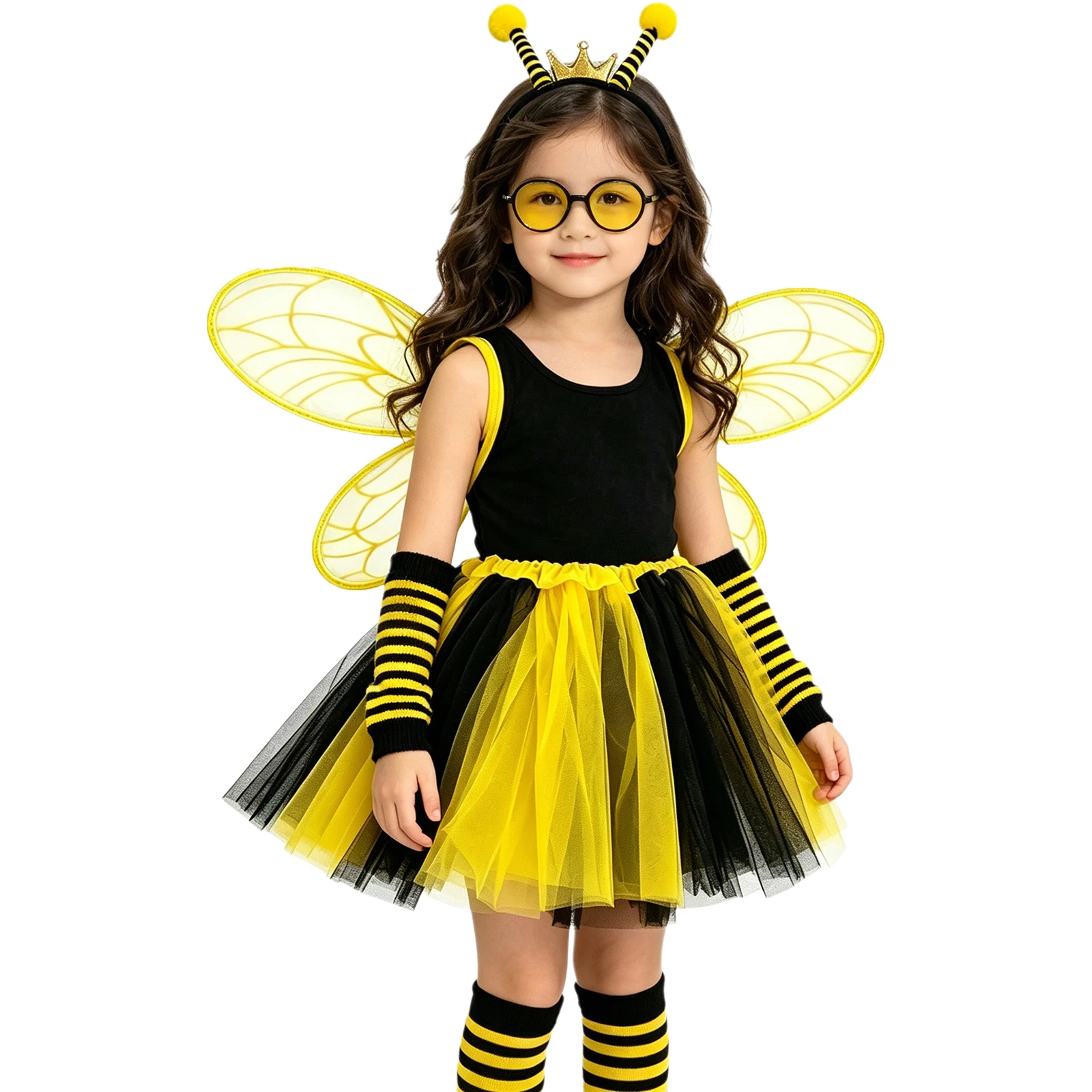 Kids Girls Faux Bee Wings Tutu Skirt Stockings with Headband Gloves And Sunglasses for Stage Performance Coslpay Halloween