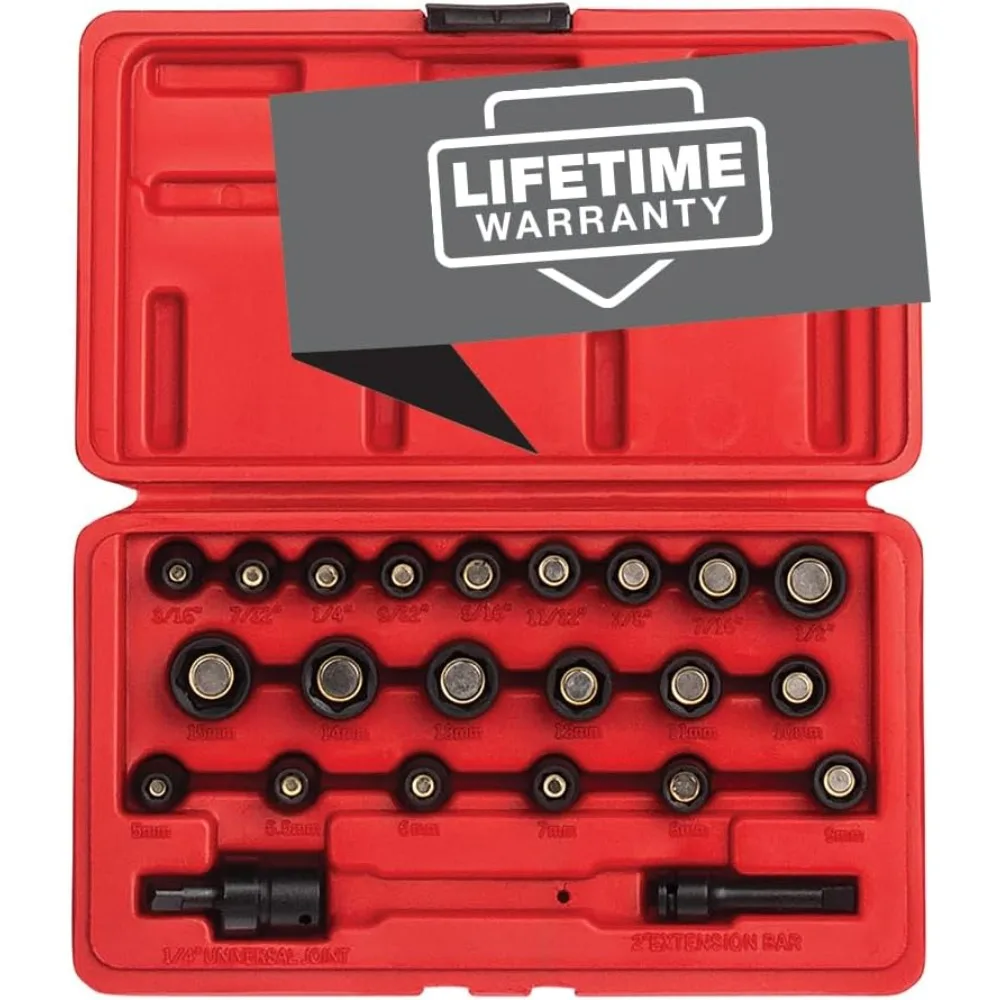 

SUNEX 1818 Набор магнитных ударных головок с приводом 1/4 дюйма, фракционные и метрические размеры, стандартная 6 точек, сталь Cr-Mo, 3/16 дюйма