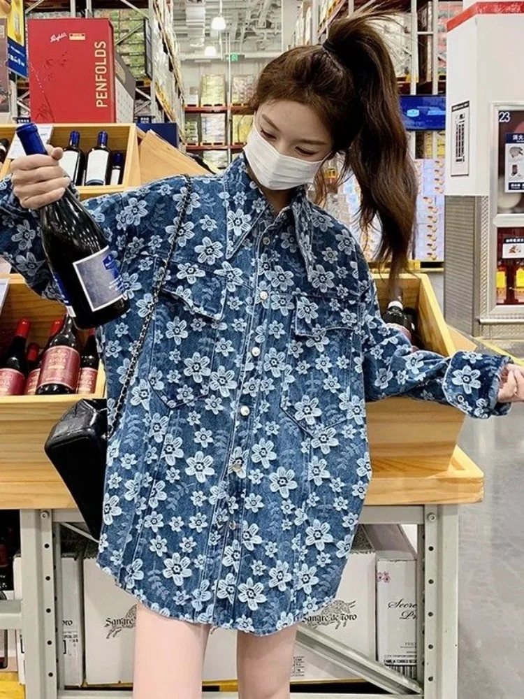 Spring Autumn New Arrival Korean style Lazy chic Jacquard Denim Jacket Women's Loose-fit Shacket with Jacquard Jacket