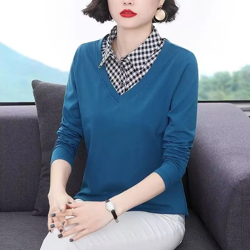 2023 Spring and Autumn Women's Fashion Casual Pure Cotton Plaid Button Lapel Fake Two Piece Long Sleeve T-shirt Elegant Tops
