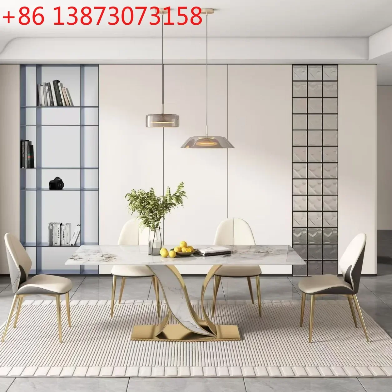 

Bright rock slab dining table combination Italian light luxury simple modern household stainless steel dining table