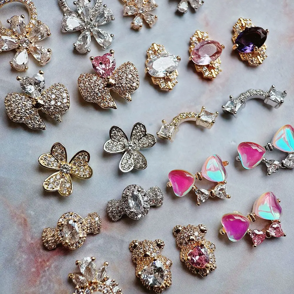 10pcs Luxury Flowers Bear Bow Nail Art figures Parts Pink Zircon Crystal Manicure Nails Accesorios Supplies Decorations Charms