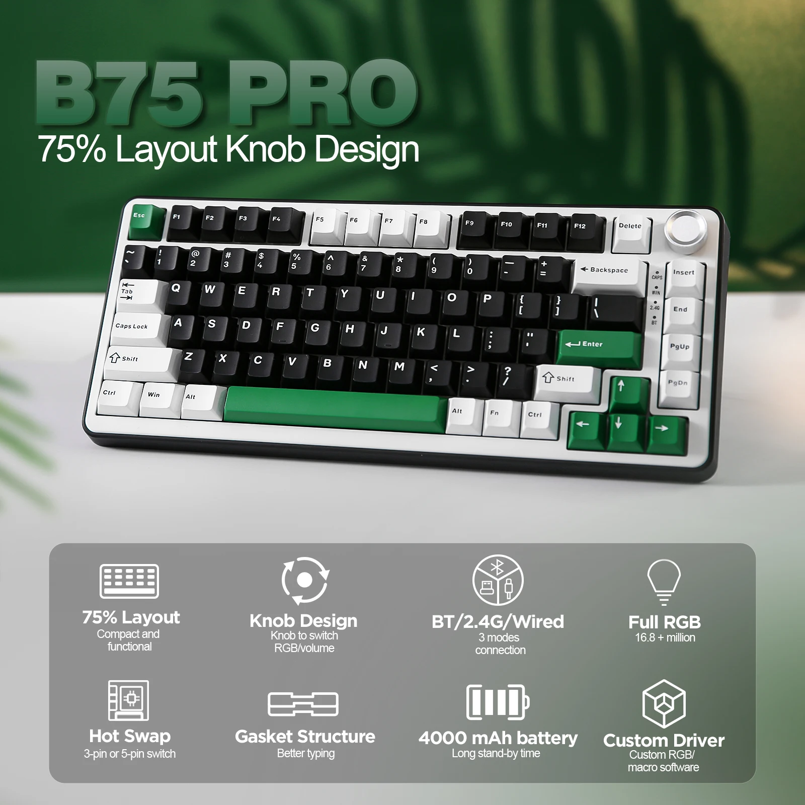 YUNZII B75 PRO Black 75% 82-Key Wireless Mechanical Gaming Keyboard, Gasket Hot Swap Custom RGB BT/Type-C/2.4G Creamy Knob Keeb