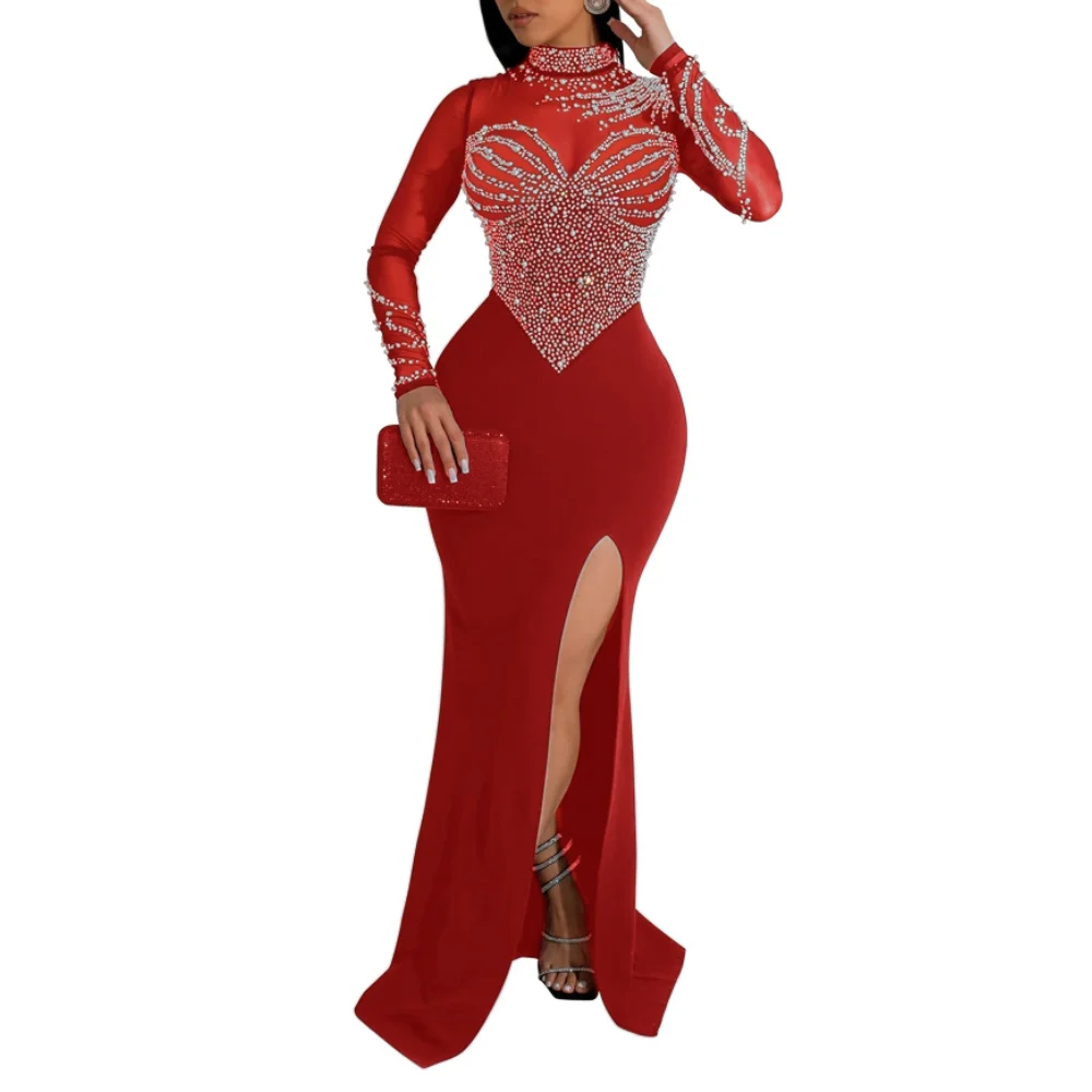 Plus Size Pearl Party Dress Female Diamond Sheer Mesh Clothing Evening Luxury Club Outfit 2024 Spring Elegant Pretty Women Dress