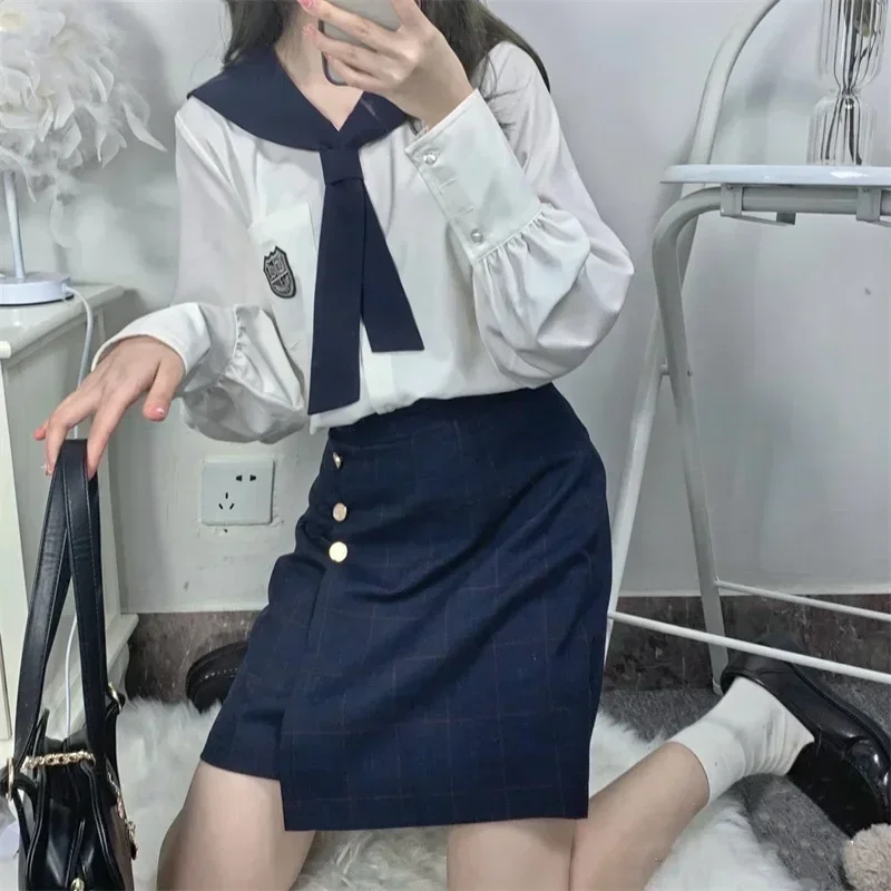 일본어 한국어 JK 제복 정장 여자 대학 학교 교복 긴 소매 선원 복장 셔츠와 a 라인 스커트 성인 여성