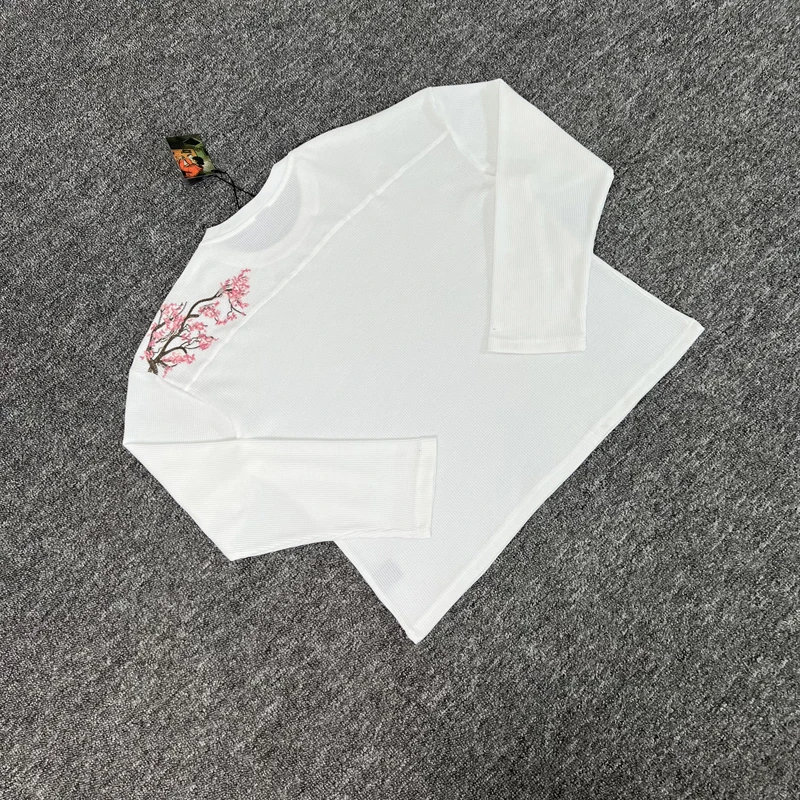 

25ss Waffle Long Sleeve Tshirts High Quality Embroidery Sakura Derschutze Casual Loose Breathe T-shirt Tee Tops Men Women